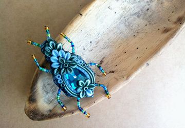 Insect brooch (handmade insect brooch with glass crystal made from polymer clay in black and blue tones)