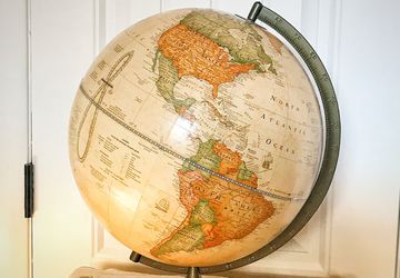 Vintage 12 inch Replogle Globe, world globe, Office Decor, Man Cave decor , Home School, Industrial Decor, cream globe, travel
