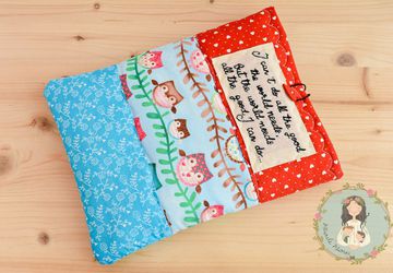 Book buddy, book sleeve, gift for reading, bookworm, quilted cover , personalized, fabric sleeve, owls, red hearts, teal, book sleeve, quote