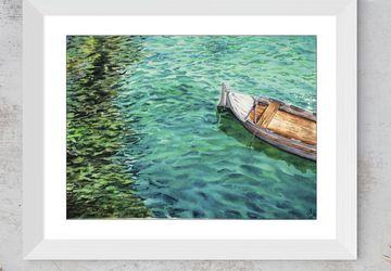 Watercolor Boat on water wall art, original interior decor, water painting