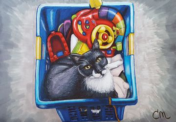 7x10 Stylized Hand-drawn Art Print "Cat in a Box" | Gift for Cat Lover | Bold and Colorful | Unframed | Supports Shelter Animals