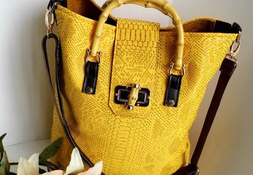 SOLD - Yellow tote bag, Faux crocodile bag, Oversized handbag, Womens summer bag, Bamboo handle bag, Vegan leather tote, Ladies work bag