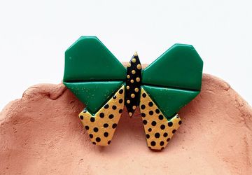 Green butterfly brooch; polymer clay brooch; romantic brooch; green and gold; geometric brooch; butterfly pin; funky brooch; minimalist pin