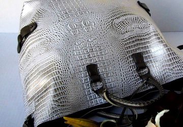 SOLD - Silver tote bag, Vegan tote bag, Faux crocodile bag, Weekend tote, Cream tote bag, Womens weekender bag, Bag with pouch, Overnight bag