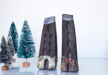 City buildings raku pottery, Art Black Raku fired Ceramic houses Handmade Unique Ceramics Architectural Home decor, black and copper