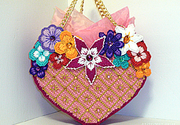 Pink.gold and cranberry heart shaped jeweled tote bag