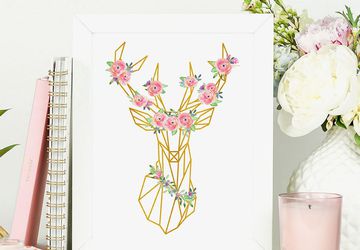 Deer head, gold floral deer