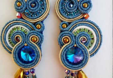 Blue and green round dangle earrings, Handmade earrings with crystal beads and rhinestones