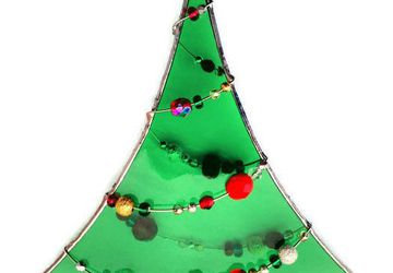 Christmas Tree Suncatcher with Beaded Garland, Stained Glass with Glass Beads