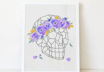 Floral geometric skull wall art print decor.