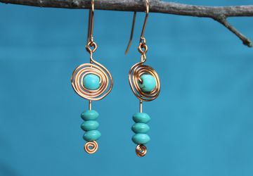 Copper wire and bead earrings with spirals, fishhook, dangle