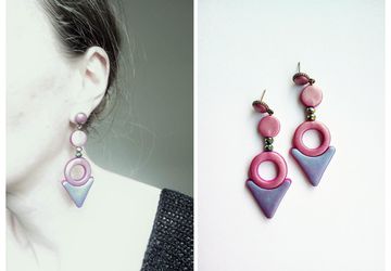 Large purple earrings; geometric earrings; purple studs; polymer clay earrings; triangle earrings; round earrings; large clay studs