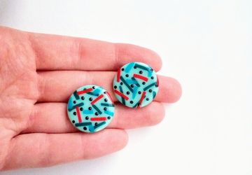 Large mint green studs, striped studs, big round studs, studs with dots, black dots, circle studs, pastel studs, pastel earrings, mint green