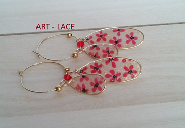 Oval Dangle Hoop earrings Christmas earrings Party earring Red flower Chandelier earring College student gift Chinese Japanese earring