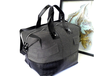 Large Weekender Bag in Grey and Black Faux Leather, Men’s Overnight Bag, Perfect Christmas Gift