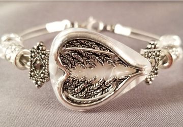 Guitar Pick and Guitar String Bracelet "White Angel Wing Heart"