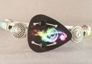 Guitar Pick and Guitar String Bracelet "Rainbow Flaming G-Clef"
