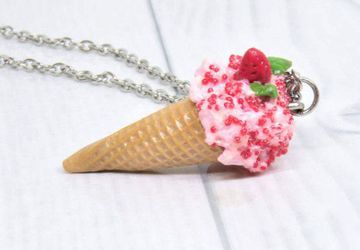 Chunky Strawberry shortcake waffle cone necklace for Perfect Summer, Cute miniature food jewelery for girls, Pink Ice cream pendant for kids