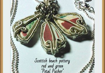 Wire wrap weave-Red and Green Scottish beach pottery "Petal Pushers" necklace