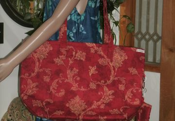 ON SALE Large Red and Gold Floral Design Home Decor Fabric Shopping Tote w/Matching Clip On Eye Glass Case