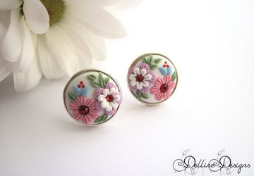 Joy * Handmade Floral Stud Earrings * Polymer Clay and Sterling Silver Earrings * Unique Jewelry * Embroidery Earrings * Applique