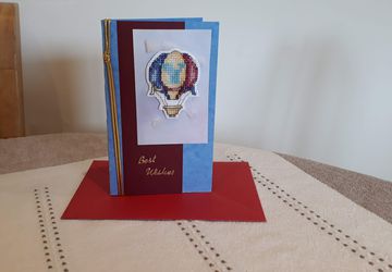 Personalized cross stitch, Hot air balloon initial Y, birthday, thank you, thinking of you, naming ceremony, bon voyage decorative card