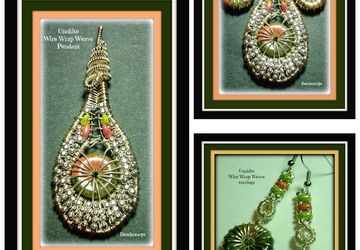 SOLD...Unakite gemstone-wire wrap weave pendant and earring set