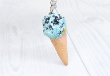 Handmade with polymer clay Cookie Monster Ice cream necklace for girls, Miniature cookiedough waffle cone charm pendant, Blueberry icecream