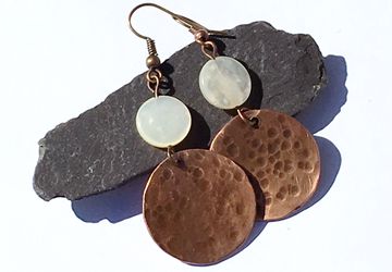 Hammered copper moon earrings with mother of pearl