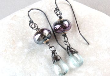 Lampwork And Aquamarine Teardrop Earrings Oxidized Silver March Birthstone Jewelry Gemstone Jewelry