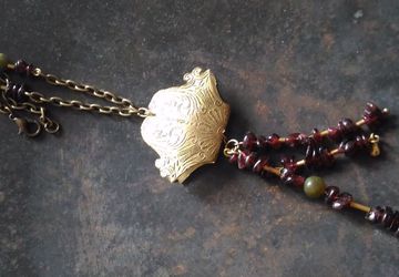 Brass engraved and antiquated long tassel necklace with garnet and green moss agate,gemstone necklace,metal jewelry