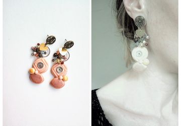 Large brown mixed media earrings, polymer clay earrings, wire wrap earrings, romantic jewelry, big summer studs, bohemian earrings