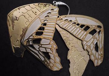 Brass butterfly earrings,two-layered metal butterfly wings with silverplated,engraved and perforated parts