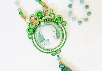 Green cameo necklace pendant, green pendant, soutache green necklace, Medallion Renaissance Necklace, Medieval Necklace, Cosplay Accessories