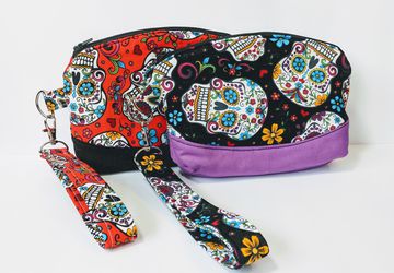 Sugar Skull Wristlet, Clematis Wristlet, Women's Grab n Go Wristlet, Fabric Wristlet, Cell Phone Wallet, Small Handbag, Gift for her