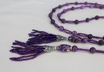 Purple open-ended necklace with quartzite and glass beads, bead tassels, stone focal beads, boho, trendy, long