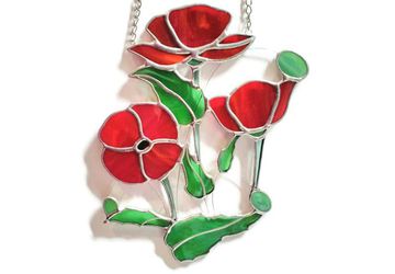 Red Poppy Stained Glass Window Suncatcher, Wedding Anniversary Retirement New Home Gift