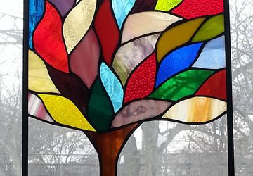 Stained glass Tree, leaded glass, window panel, art deco, studio 27 glass, hand crafted, USA