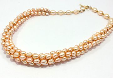 Peach Rose Fresh Water Pearls & Czech Seed Beads Unique Crochet Necklace & Earrings SET on Gold Filled 14k