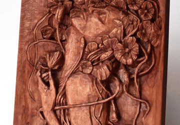Nixie wood relief, handmade carving, basswood sculpture, mahogany wine