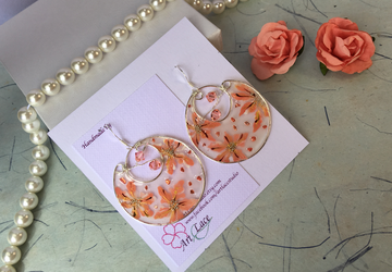 Sterling silver large hoop earrings Dangle Peach earrings Statement earring Party earring Wire resin Hoop  Hand-painted Flower Chandelier