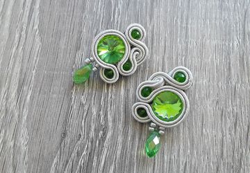 Green and silver lobe earrings, small soutache earrings, earrings with pearls and crystal, boho chic earrings, gift for her