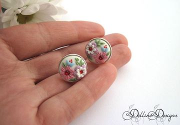 Joy * Handmade Floral Stud Earrings * Polymer Clay and Sterling Silver Earrings * Unique Jewelry * Embroidery Earrings * Applique