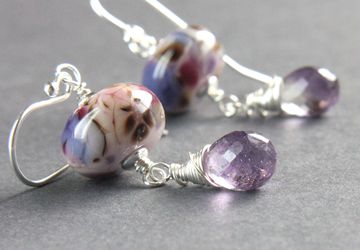 Lampwork And purple Amethyst Earrings Sterling Silver February Birthstone Gemstone Jewelry Multi Colored  Colorful Earrings