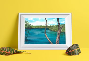 Watercolor Lake landscape, blue water painting, wall art Plitvice Lakes