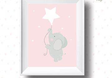 White star, elephant , Playroom print, nursery print, girls, wall art, playroom poster, instant digital download,children wall art