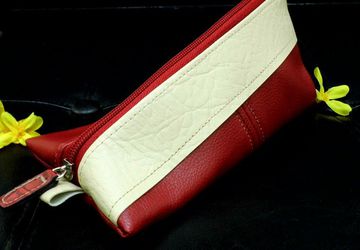 Vegan Leather Cosmetic Bag, Red Triangle Pouch, Small Pyramid Pencil Case, Soft Sunglasses Case, Cream Makeup Bag, Upcycled Pouch