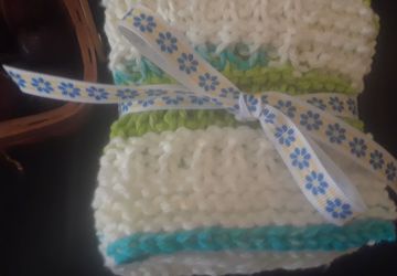 Blue, Bright Green and White Knit Cotton Dishcloths/Facecloths