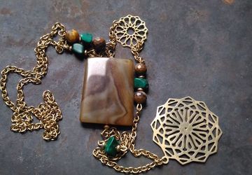Beautiful and shiny lace Mandala necklace with tiger eye,malachite and special rectangular agate gemstones,metal jewelry