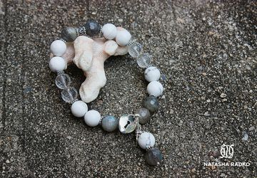 Wristlet with natural cacholong, rock crystal, labradorite